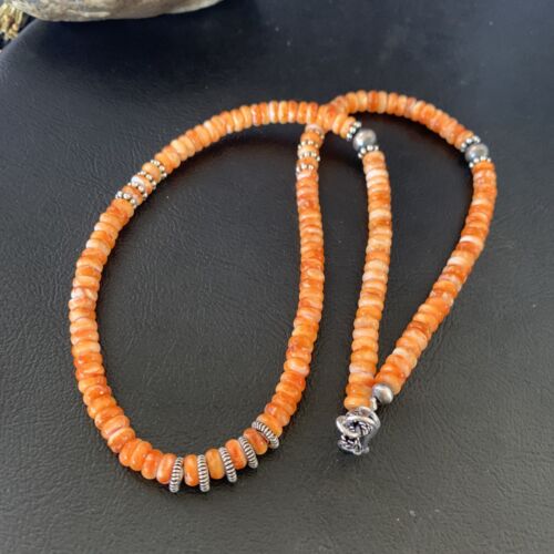 Navajo Pearls Orange Spiny Oyster Necklace | Sterling Silver | 20" | 6mm | Authentic Native American Handmade | 12949 - Masha USA
