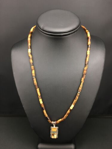 Authentic Native American Tigers Eye Inlay Pendant | Navajo Sterling Silver Necklace | 21" | 4895