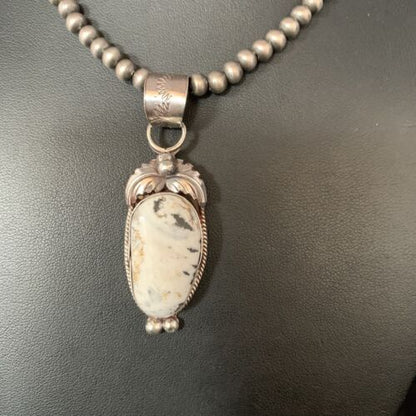 Men's Navajo Pearl White Buffalo Turquoise Sterling Necklace Pendant | 13752