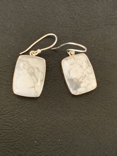 Navajo Sterling Silver White Howlite Black Dangle Rectangle Earrings | 0.75" | 12069