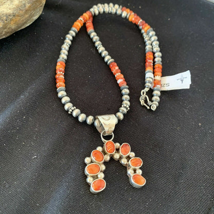 Navajo Pearls Red Spiny Oyster Cluster Naja Pendant Necklace | Sterling Silver | S283