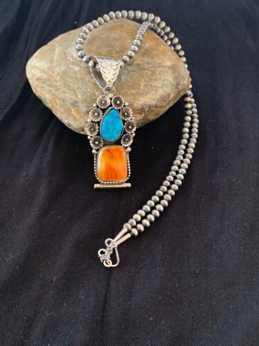 Navajo Kingman Turquoise & Spiny Oyster Pendant Necklace | Sterling Silver | Authentic Native American Handmade | 4575