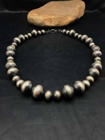 Navajo Pearls Graduated Sterling Silver Bead Necklace | Single Strand | Southwestern Native American | 20"