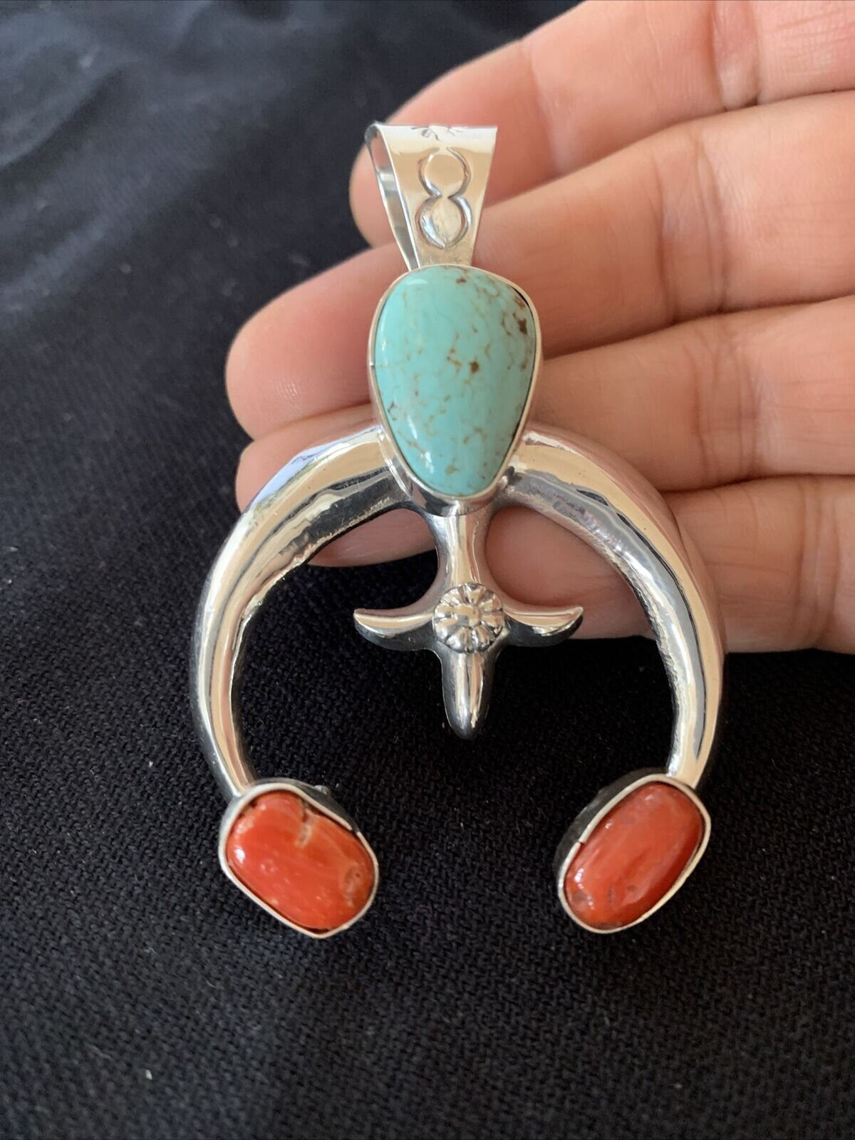 Navajo Pearls Necklace with Royston Turquoise & Coral Naja Pendant | Sterling Silver | 01428