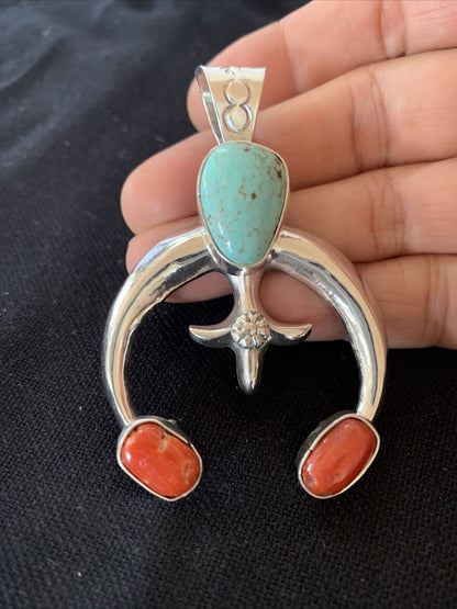 Navajo Pearls Necklace with Royston Turquoise & Coral Naja Pendant | Sterling Silver | 01428