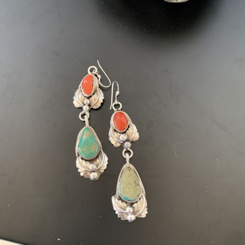 Navajo Green Royston Turquoise Red Coral Dangle Earrings | Sterling Silver | Authentic Native American Handmade | 2058