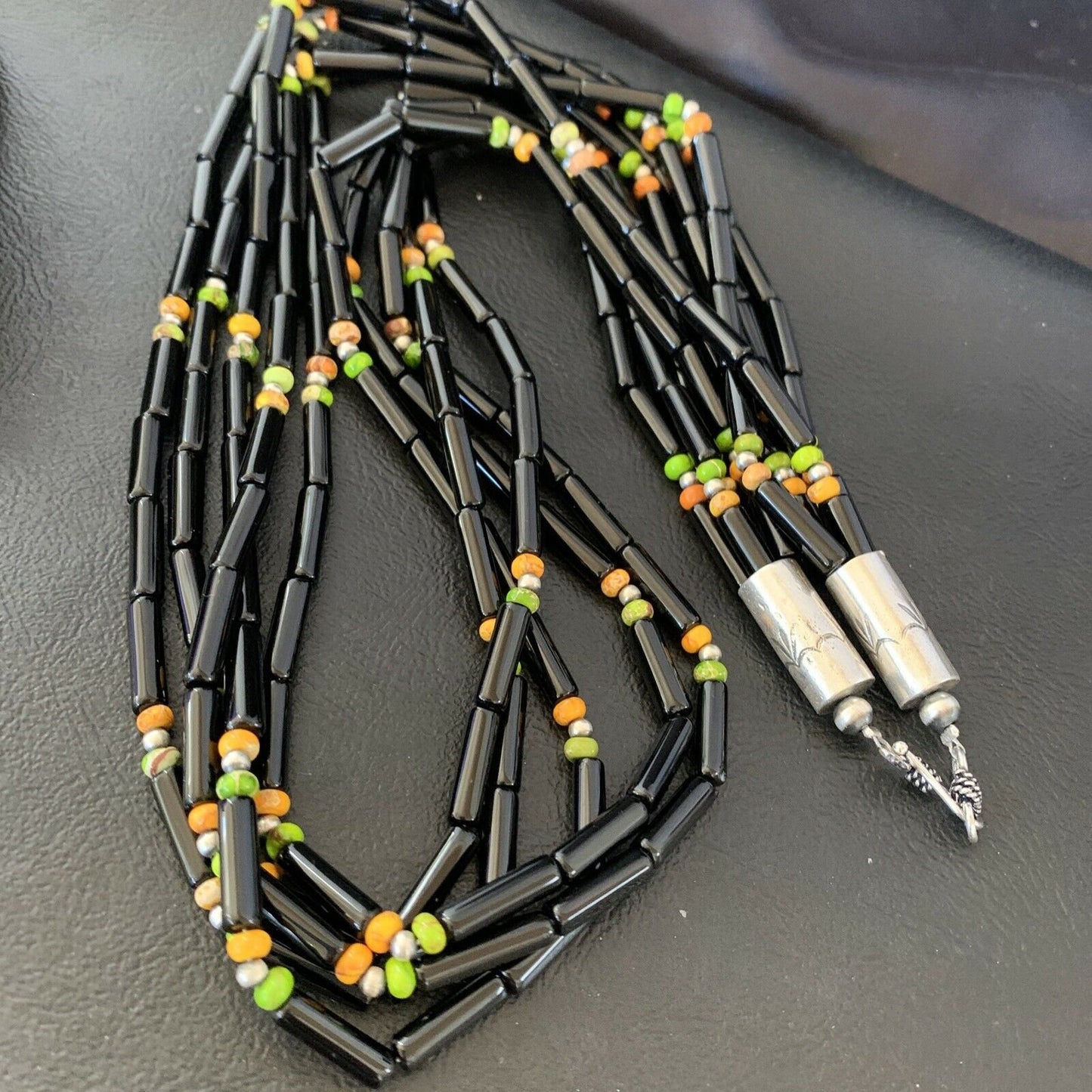 Navajo Black Onyx Spiny Turquoise Bead Necklace with Pendant | Sterling Silver | 22" | 10922