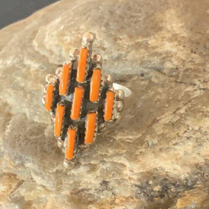 Navajo Orange Spiny Oyster Cluster Ring | Authentic Native American Sterling Silver | Multi-Stone | Sz 7.5 | 11927