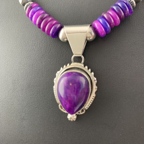 Women's Navajo Necklace with Purple Sugilite Pendant | Sterling Silver | Authentic Native American Handmade | 1628