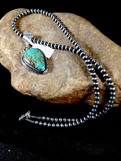 Navajo Turquoise #8 Pendant with Pearls | Sterling Silver Necklace | Authentic Native American Handmade | 8678