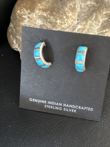 Navajo Blue Turquoise Inlay Earrings | Sterling Silver | 1" | Authentic Native American Handmade | 14776