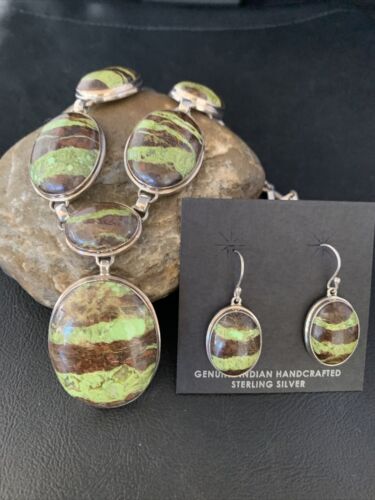 Navajo Green Gaspeite Necklace Choker Earrings Set | Sterling Silver Pendant | 19" | Authentic Native American Handmade | 13794