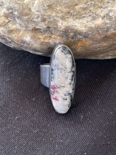 Southwestern Navajo White Black Cinnabrite Ring | Sterling Silver | Sz 7 | Authentic Native American Handmade | 1565