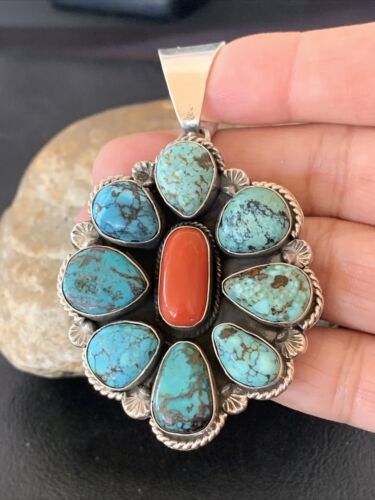Navajo Cluster Coral Spiderweb Turquoise Pendant | Sterling Silver | Authentic Native American Handmade | 2227