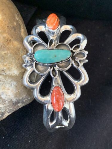Men's Navajo Kingman Turquoise & Spiny Oyster Bracelet | Sterling Silver | Authentic Native American Handmade | 01032