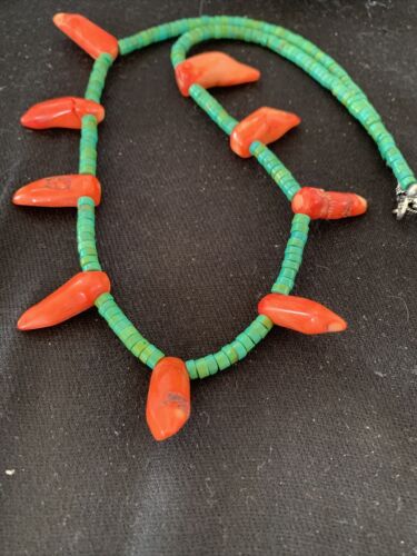 Navajo Turquoise Coral Chili Pepper Necklace | 20" | Sterling Silver Beads | Southwestern | 00828