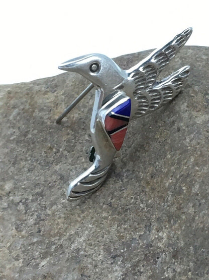 Navajo Spiny Oyster Lapis Hummingbird Pin | Sterling Silver | Authentic Native American Handmade | 2902