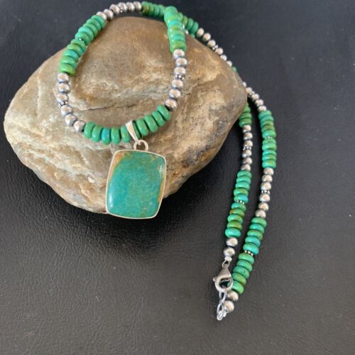 Navajo Green Turquoise Pendant Necklace | Sterling Silver Beads | Authentic Native American Handmade | 13305