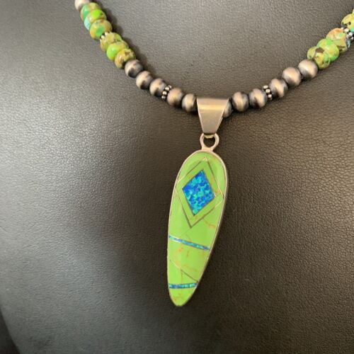 Navajo Green Turquoise Gaspeite Inlay Necklace | Sterling Silver | Authentic Native American Handmade | 13810