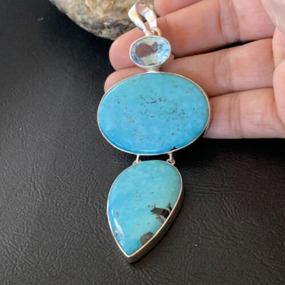 Navajo Blue Topaz Turquoise Multi-Stone Pendant | Authentic Native American Sterling Silver | 3.5" | 12024