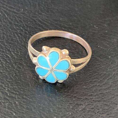 Zuni Blue Turquoise Cluster Ring | Sterling Silver Inlay | Sz 7.5 | Authentic Native American | 12945