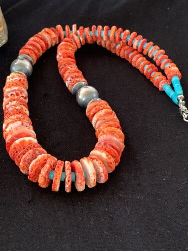Red Spiny Oyster & Blue Turquoise Graduated Necklace | Sterling Silver | Authentic Native American | 25" | 13712