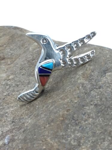 Turquoise, Lapis & Coral Hummingbird Inlay Pin | Navajo Sterling Silver | Authentic Native American Jewelry | 2900