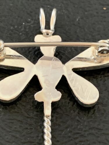 Zuni Turquoise White Mother of Pearl Inlay Dragonfly Necklace Pin Pendant | Sterling Silver | 12326