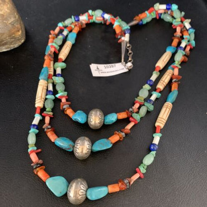 Native American Santo Domingo Spiny Blue Turquoise Necklace | 3-Strand Shell | 10397 - Masha USA
