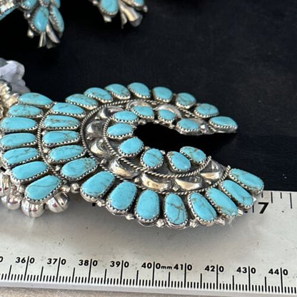 Navajo Blue Turquoise Squash Blossom Necklace & Earrings | Sterling Silver | Authentic Native American Handmade | 14483