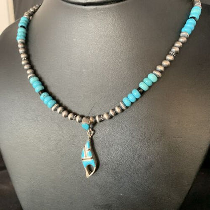 Navajo Blue Turquoise Onyx Inlay Pendant Necklace | Sterling Silver | Authentic Native American Handmade | 13846