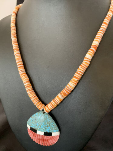 Authentic Native American Santo Domingo Shell Pendant Necklace | Spiny Oyster & Blue Turquoise | 26" | 12519