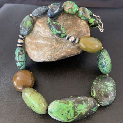 Navajo Sterling Silver Graduated Green Nugget Turquoise Necklace | Authentic Native American | 21" | 10726