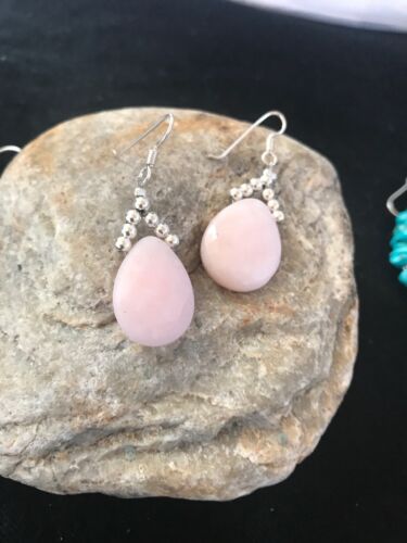 Navajo Pink Opal Bead Dangle Drop Earrings | Sterling Silver | Authentic Native American Handmade | 00304