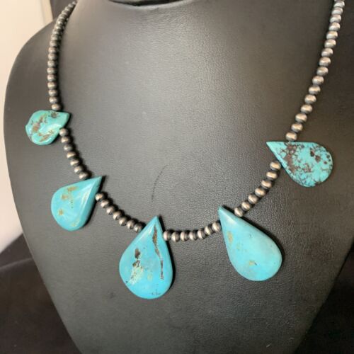 Navajo Teardrop Blue Turquoise Necklace | Sterling Silver Pearls | 20" | Authentic Native American Handmade | 13968