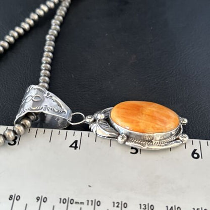 Navajo Pearls Necklace with Orange Spiny Oyster Pendant | Sterling Silver | Authentic Native American Handmade | 14720