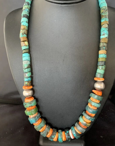 Men's XL Turquoise Heishi & Spiny Oyster Bead Necklace | Sterling Silver | 23" | Authentic Native American | 13977