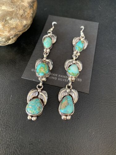 Navajo Green Turquoise Earrings | Sonoran Gold | Sterling Silver | 3 Dangle | Authentic Native American Handmade | 13925