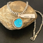 Men's Navajo Pearls Necklace with Blue Kingman Turquoise Pendant | Sterling Silver | Native American Handmade | 2202