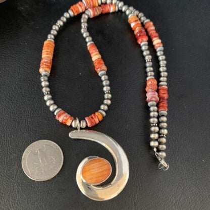 Navajo Orange Spiny Oyster Pendant Necklace | Sterling Silver | Authentic Native American Handmade | 13651