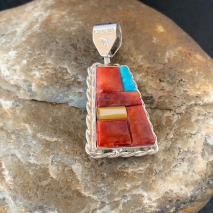 Zuni Yellow Mother of Pearl Turquoise Spiny Inlay Sun Face Pendant | Sterling Silver | 1686
