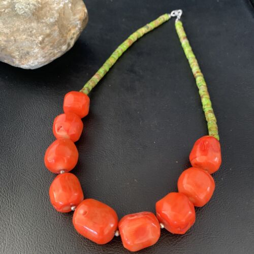 Navajo Green Gaspeite | Coral Pendant Necklace | Sterling Silver | Authentic Native American Handmade | 20" | 13955