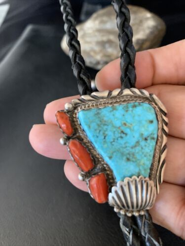 Ultra Rare Men's Bolo Tie | Blue Kingman Turquoise & Coral | Sterling Silver | Navajo | 13669