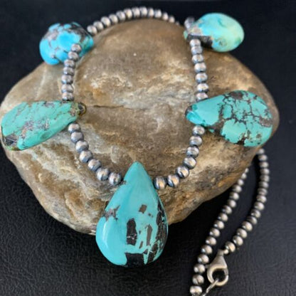 Navajo Teardrop Blue Turquoise Necklace | Sterling Silver Pearls | 20" | Authentic Native American | 13965