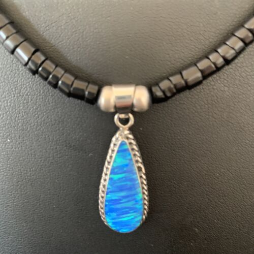 Navajo Opal Pendant Onyx Heishi & Turquoise Necklace | Sterling Silver | Authentic Native American Handmade | 4329