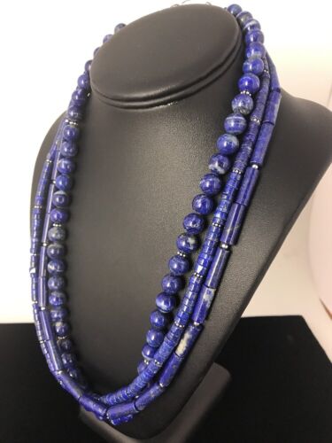 Native American Denim Lapis Necklace | 3 Strand Sterling Silver Tube Bead | 22" | 3869