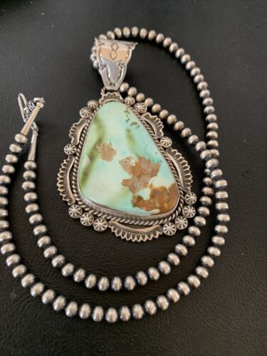 Navajo Green Royston Turquoise Pendant Necklace | Sterling Silver | Authentic Native American Handmade | 1935