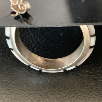 Navajo Pink Mother of Pearl and Onyx Inlay Hoop Earrings | Sterling Silver | Authentic Native American Handmade | 12674