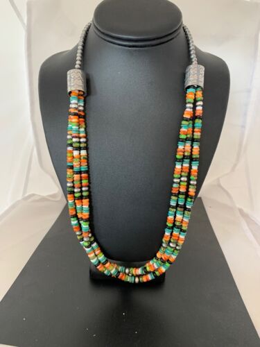 Navajo Green Turquoise, Lapis & Spiny Oyster Necklace | Sterling Silver | Authentic Native American Handmade | 3238
