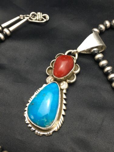 Navajo Turquoise & Coral Pendant Necklace | Sterling Silver | Authentic Native American Handmade | 2580